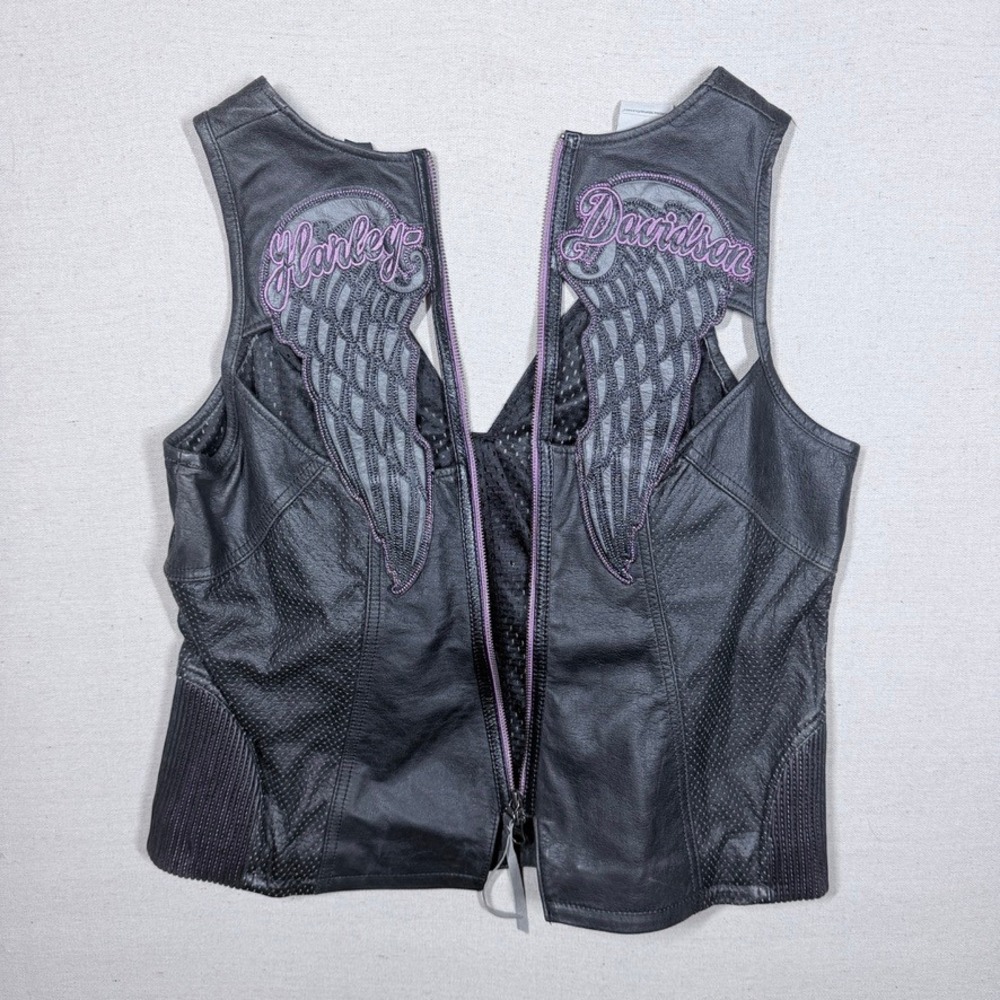 Harley Davidson Night Angel Womens XL Black Leather Vest 97005-14VW Purple Wings - Picture 9 of 11